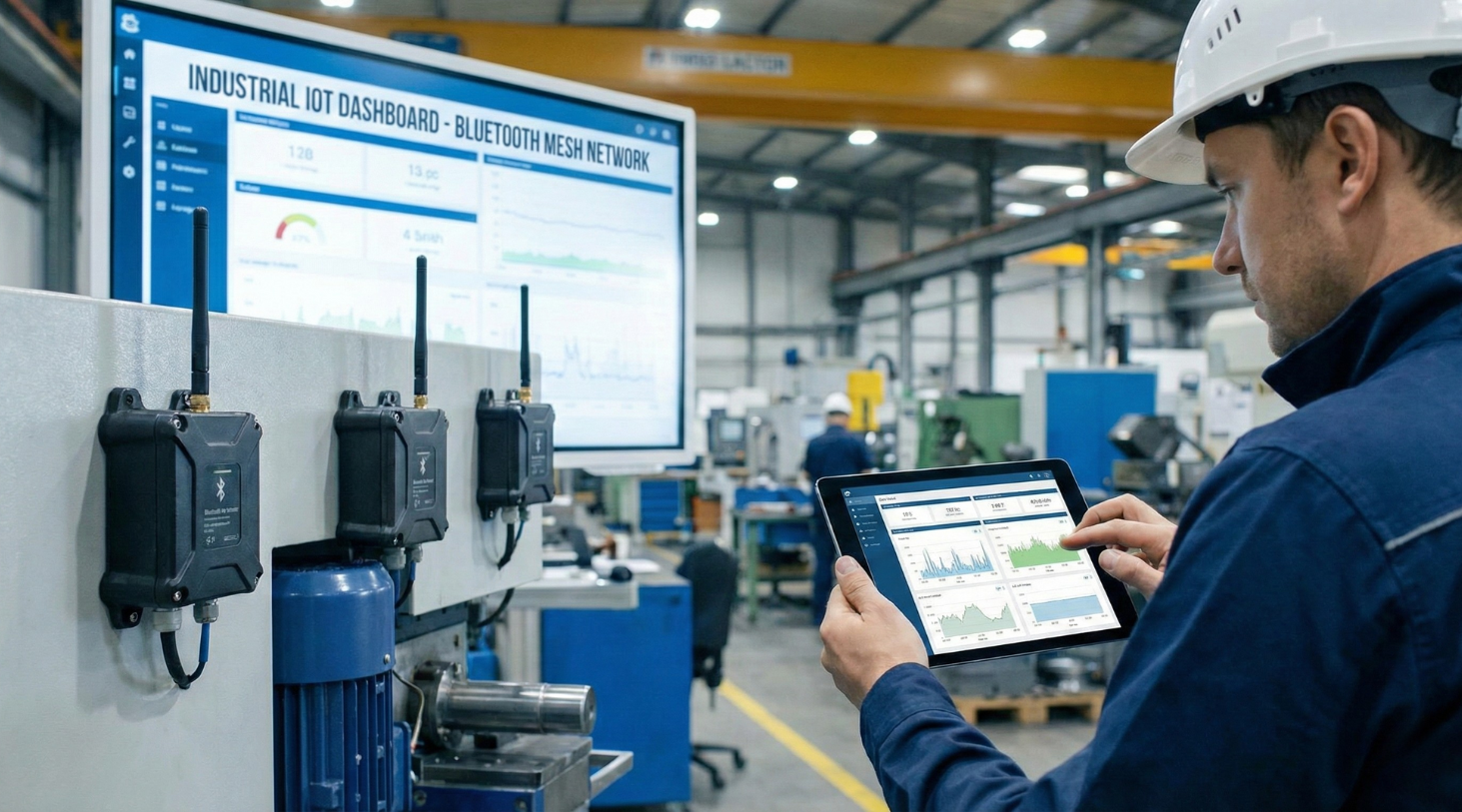 An employee monitors processes of manufacturing on a tablet using Bluetooth IoT 